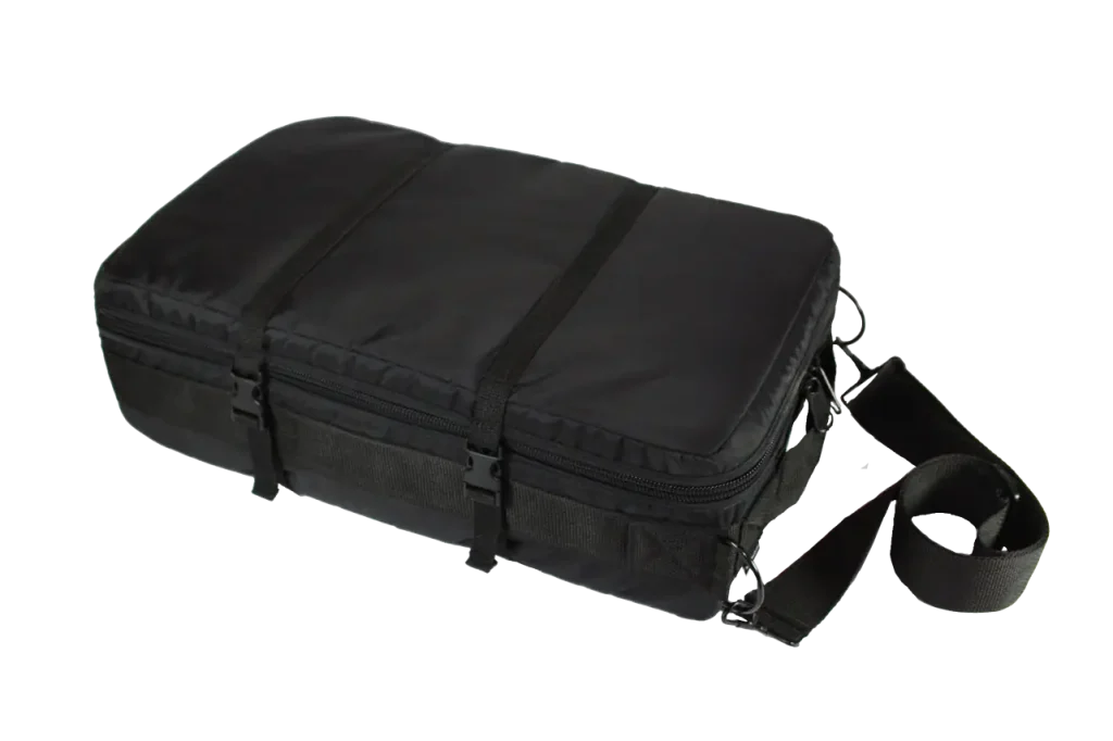 A black sewn case with zipper closure and webbing reinforcement.