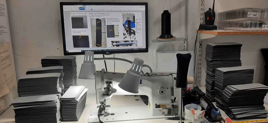 Industrial walking foot sewing machine setup for production of custom sewn goods